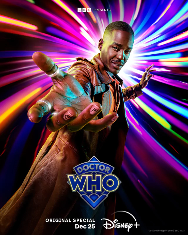 Promotional poster for Doctor Who featuring Ncuti Gatwa, with vibrant light streaks radiating behind him as he reaches out dramatically.