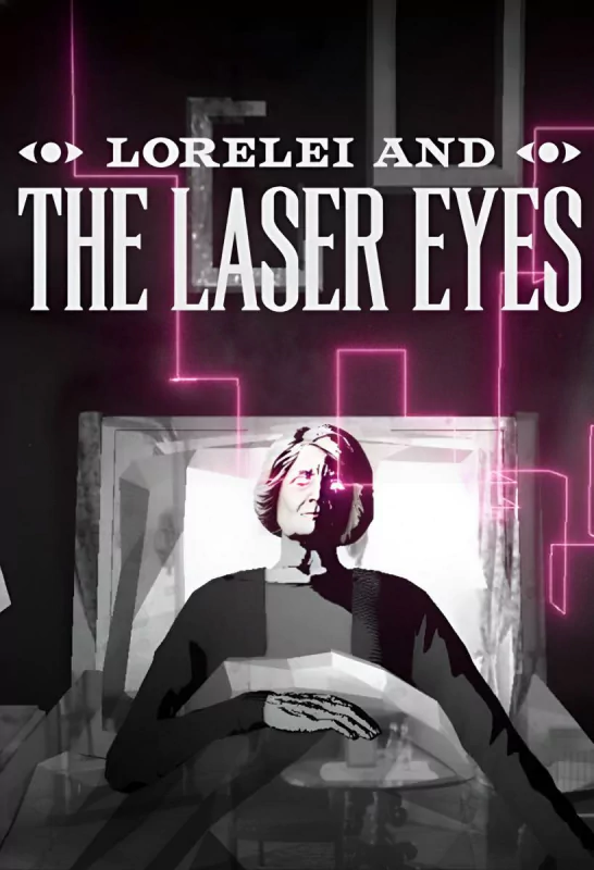 Promotional image for Lorelei and the Laser Eyes video game, featuring a woman with pink laser patterns surrounding her in a noir-style setting.
