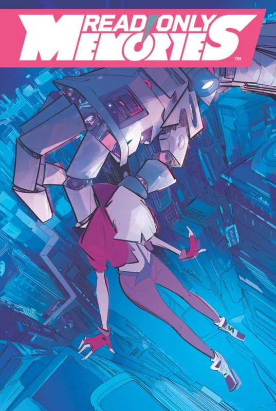 Artwork from the video game Read Only Memories: NEURODIVER featuring a character and a robotic entity in a dynamic, futuristic setting.