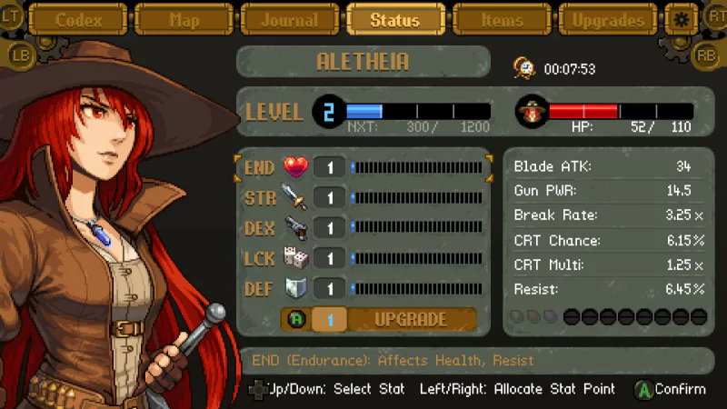 A character stats screen from the video game Gestalt: Steam & Cinder, featuring a female character named Aletheia at level 2. The screen displays her attributes, blade attack, and gun power ratings.