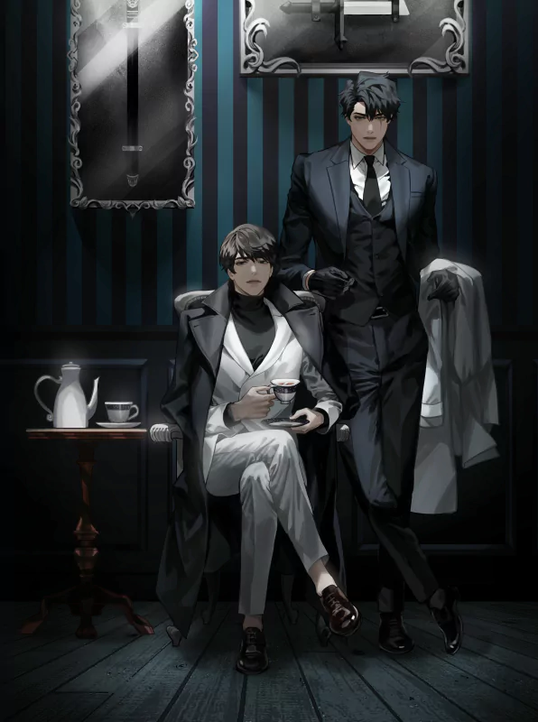 Two characters from the anime Omniscient Reader's Viewpoint, including Kim Dokja, are dressed in formal attire. One is seated with tea, while the other stands beside him, holding a coat. The setting is elegant and dark-toned.