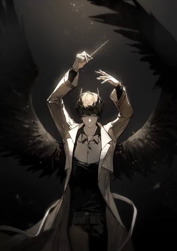Anime-style depiction of Kim Dokja from Omniscient Reader's Viewpoint, with dark wings and a glowing thread in a dramatic, shadowy setting.