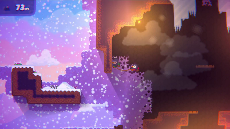A screenshot from the video game Bread & Fred featuring characters navigating a snowy and pixelated landscape with platforms and obstacles. The scene displays a contrast between bright ice and dark, shadowy cliffs.