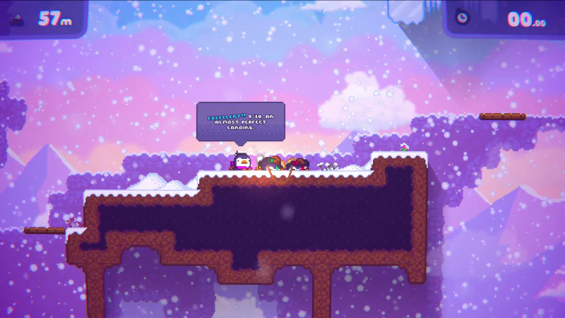 A snowy platform in the video game Bread & Fred, with two characters interacting. The background features a snowy mountain and a cloudy sky. A dialogue box is displayed above the characters.