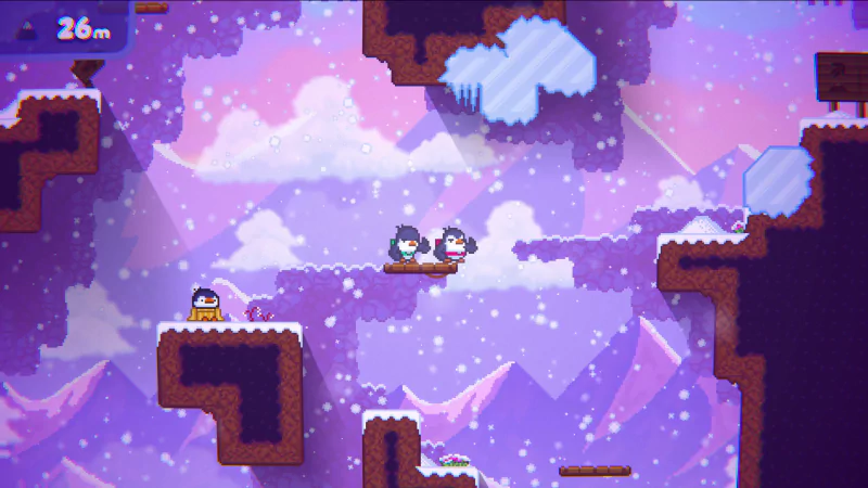 Two characters in the video game Bread & Fred stand on a snowy platform amidst a purple, wintry mountain landscape with pixelated art.
