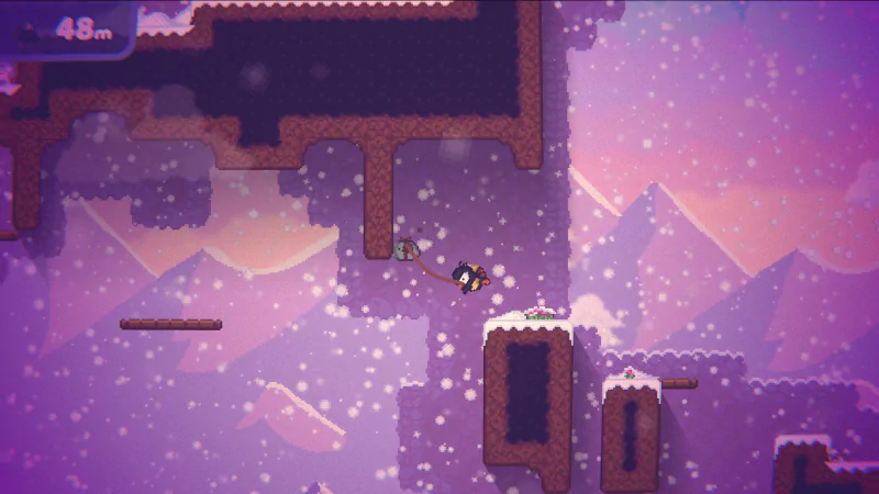 A screenshot from the video game Bread & Fred features two penguin characters swinging from a rope in a snowy, mountainous environment.