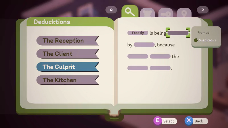 In the video game Duck Detective: The Secret Salami, an in-game notebook labeled Deductions displays various clues and tabs such as The Culprit, with an incomplete fill-in-the-blank sentence.