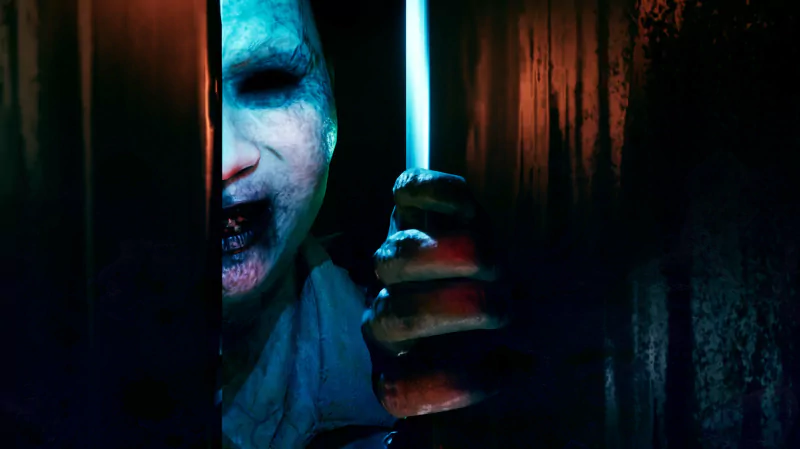 A horrific figure with a pale face and sharp teeth peeks through a narrow opening, holding a glowing knife. This image is from the video game, The Bridge Curse 2: The Extrication.