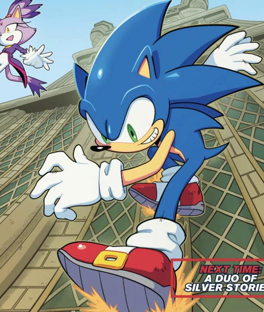 Sonic the Hedgehog racing through a vibrant comic book world in an action-packed scene from Sonic the Hedgehog (IDW).