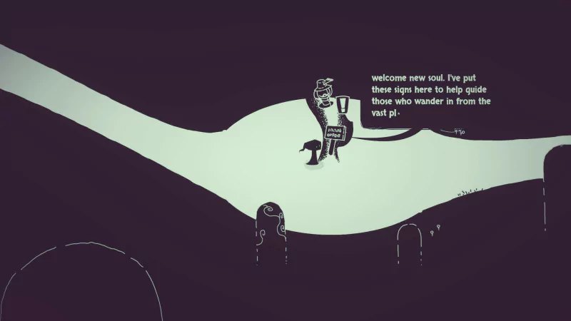 A scene from the video game Hauntii, featuring a character holding a sign that says, Welcome new soul, I've put these sign here to help guide those who wander in from the vast pit.