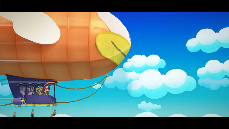 A scene from Paper Mario: The Thousand-Year Door (2024) shows Mario and companions riding in a flying machine with a bright, blue sky and fluffy clouds in the background.