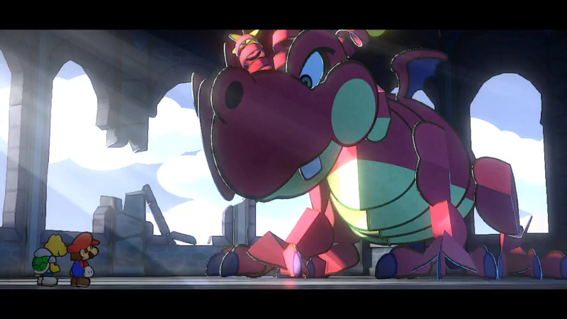 Mario and his companion face a large, colorful dragon in a ruined structure, as depicted in the 2024 video game Paper Mario: The Thousand-Year Door.