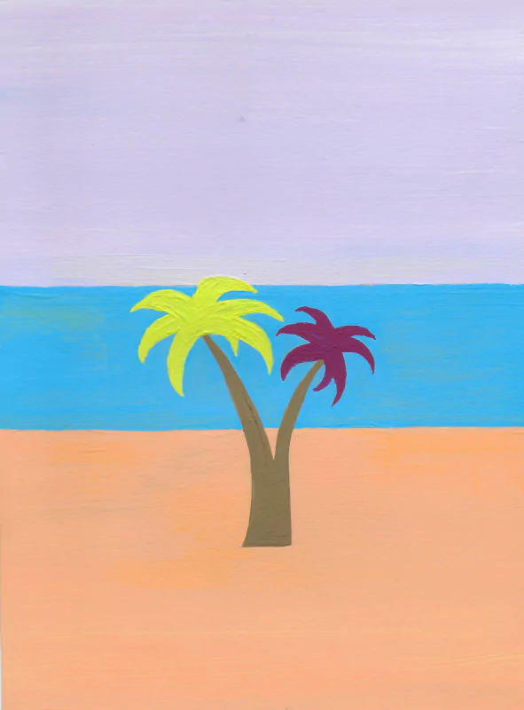  Two palm trees on a beach, vintage colors