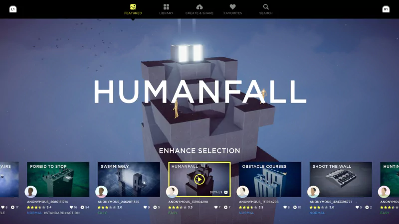 Screenshot from the video game Humanity (2024) displaying the Humanfall level selection screen with various level options shown at the bottom.