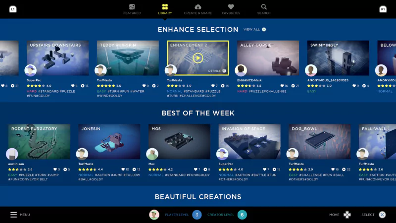 A screenshot of the video game Humanity (2024) displaying the Enhance Selection, Best of the Week, and Beautiful Creations sections, each showcasing various user-generated content.