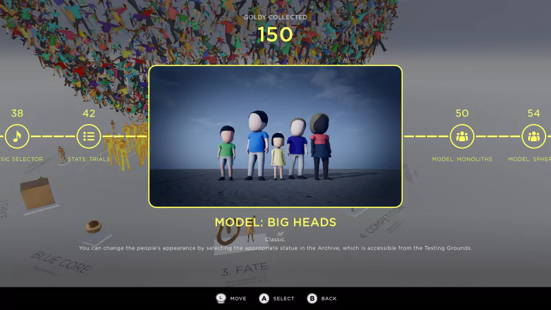 A screenshot from the video game Humanity (2024) displays a menu with various character models. The selected model is Big Heads, featuring five humanoid figures with oversized heads.