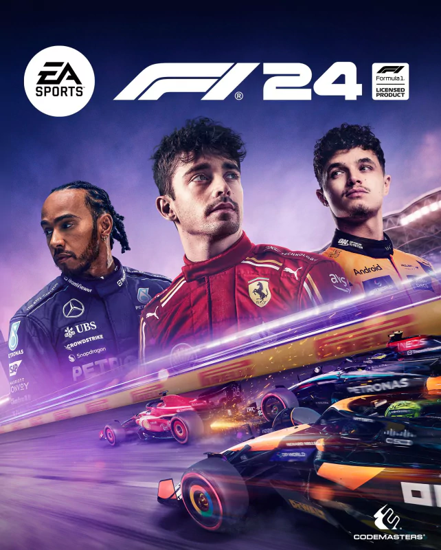 Cover art for the video game F1 24, featuring three drivers in racing suits and an action-packed race scene with colorful Formula 1 cars in motion. EA Sports and Codemasters logos are visible.