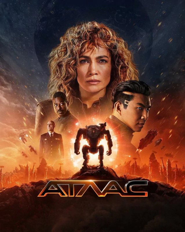 Movie poster for Atlas (2024) featuring futuristic themes with central characters and a robot against a fiery, apocalyptic backdrop.
