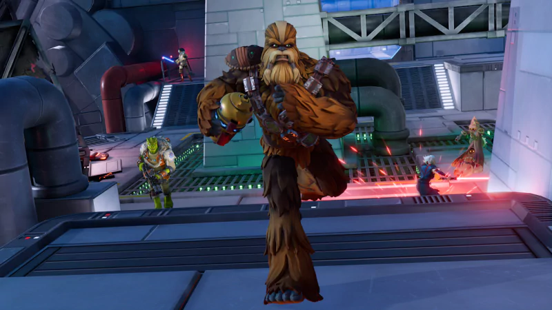 A character resembling a Wookiee charges forward in an intense battle scene from the video game Star Wars: Hunters, with other characters and futuristic structures visible in the background.
