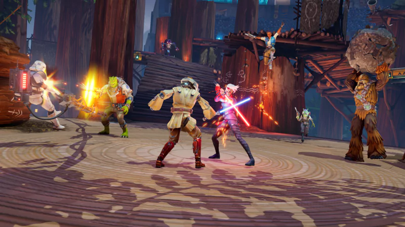 Characters engage in an intense battle in the video game Star Wars: Hunters, set in an arena with futuristic weapons and diverse combatants.