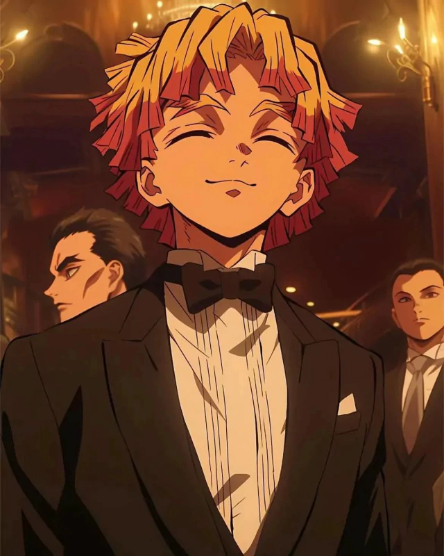 Zenitsu Agatsuma from the anime Demon Slayer, dressed in a black tuxedo, smiles confidently in a warmly lit, elegant setting with two serious men in suits behind him.