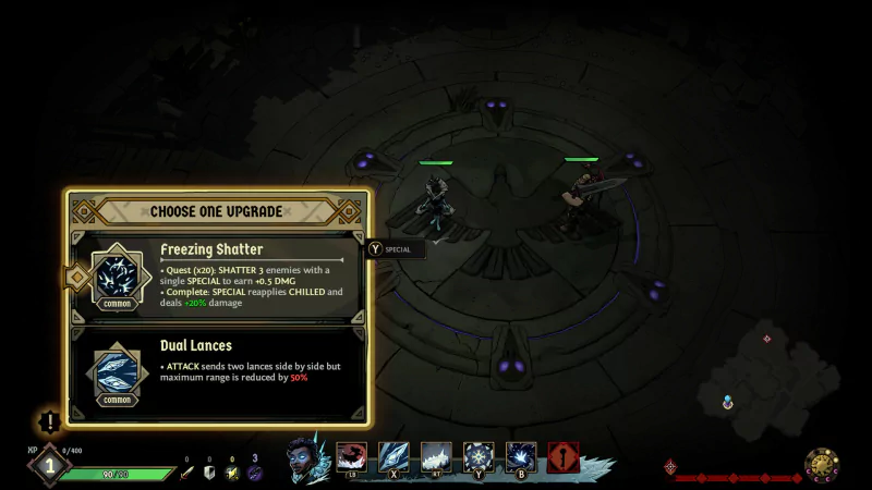 A screenshot from the video game Ravenswatch showing upgrade options. The player is choosing between Freezing Shatter and Dual Lances abilities. The interface includes character stats and a dark game environment.