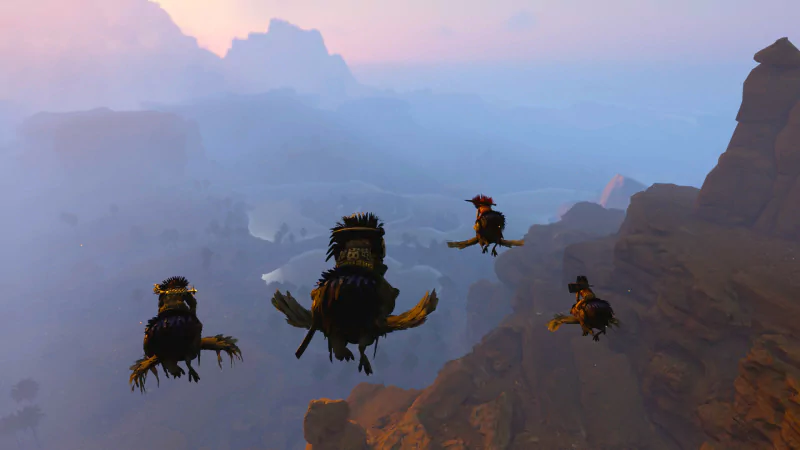 Four creatures soar over a vast, mountainous landscape at twilight, a scene from the video game Soulmask.