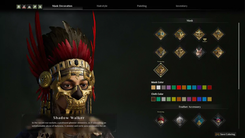 A character customization screen from the video game Soulmask, featuring a character with a detailed, tribal-inspired mask and various customization options like mask color and feather accessories.