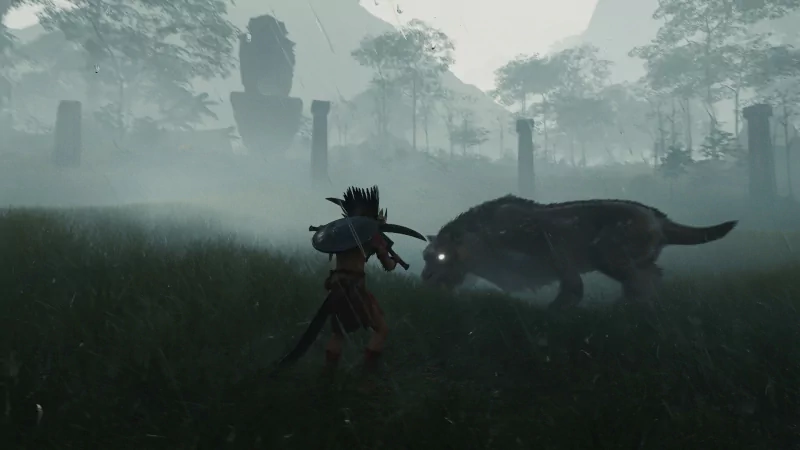 A character from the video game Soulmask faces off against a large, menacing creature in a misty, forested environment.