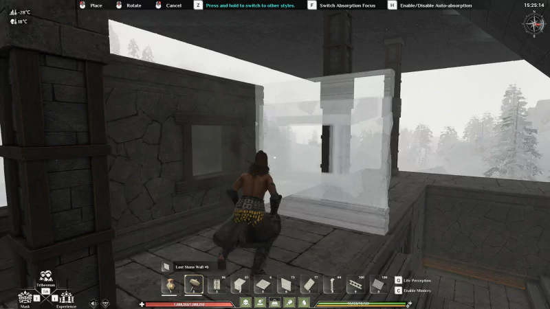 A character in the video game Soulmask constructs a building structure in a foggy, forested environment, displaying various building tools and options on the user interface.