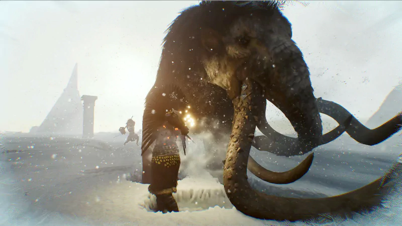 A player confronts a massive, tusked creature in a snowy landscape in the video game Soulmask, with ancient structures visible in the background.
