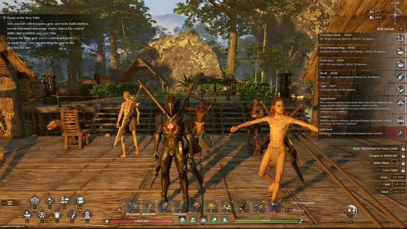 Screenshot of the video game 'Soulmask' showcasing characters standing on a wooden platform in a forest village setting, with game UI elements visible on the screen.