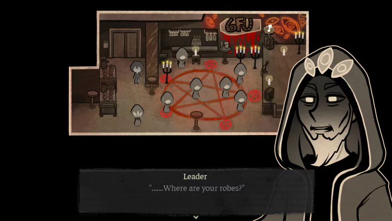 A scene from the video game The Coffin of Andy and Leyley shows a dark hooded figure asking, Where are your robes? to a group inside a room with pentagrams and lit candles.