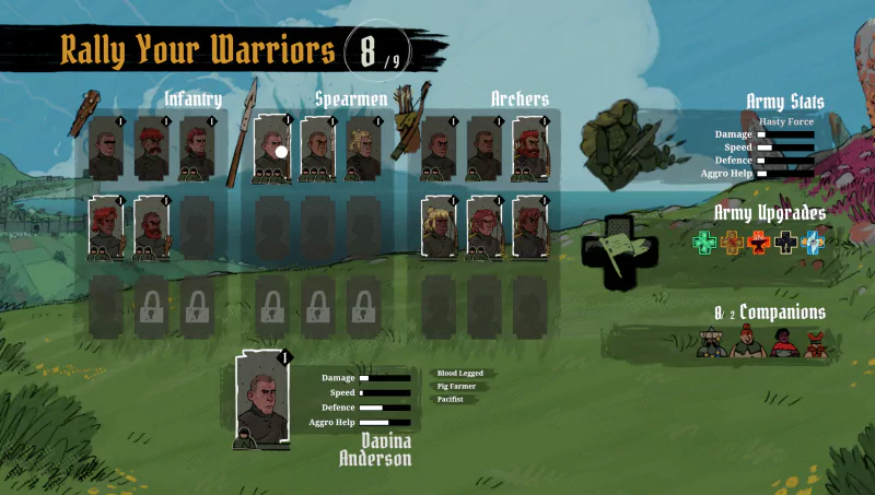 A video game screenshot from Tears of Metal showing a character selection screen titled Rally Your Warriors. It features various characters with stats, available army upgrades, and army status details.