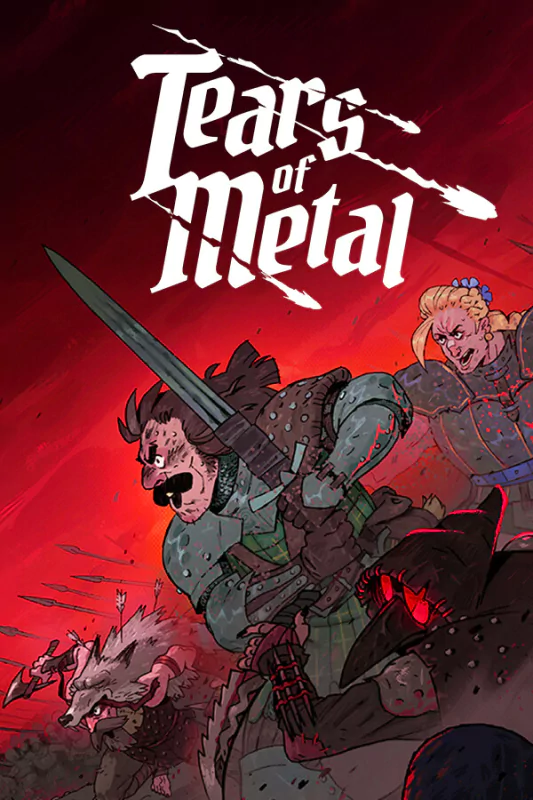Cover image of the video game Tears of Metal, featuring medieval characters in armor engaged in intense combat with a fiery red background.