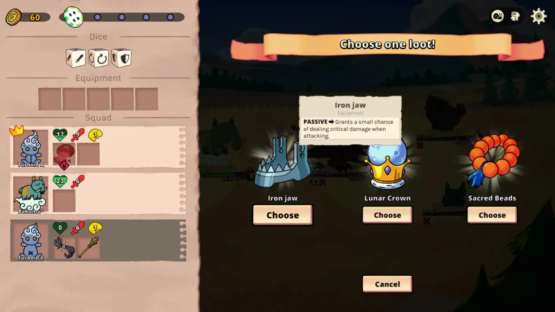 A screenshot from the video game Dicefolk showing a menu to choose a loot item, displayed options are Iron Jaw, Lunar Crown, and Sacred Beads, with characters and dice on the left side.