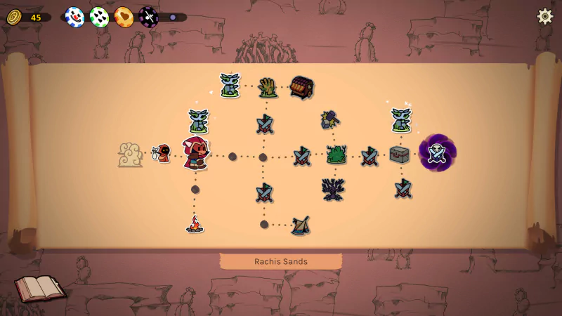 A Dicefolk video game screenshot showing a game map with various icons and pathways. The background resembles an ancient scroll with illustrations.