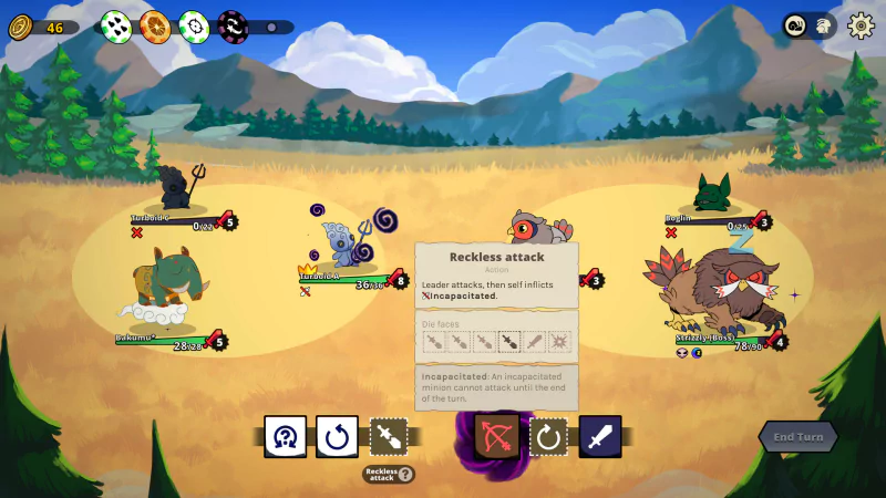 A screenshot from the video game Dicefolk shows a battle scene, with character stats, action options, and a highlighted 'Restless attack' move displayed against a scenic mountain backdrop.