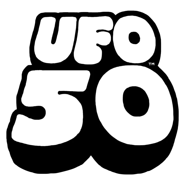 The image shows the logo for the video game UFO 50, depicting the title in bold, white, cartoon-like text against a black background.
