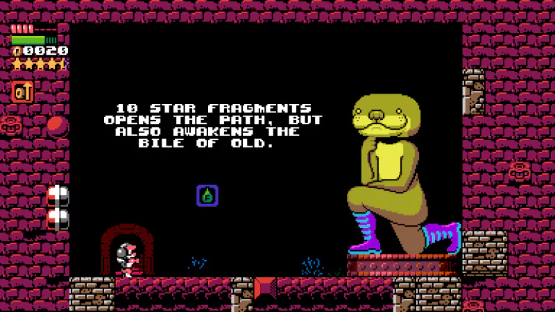 A character stands before a giant creature with yellow skin and blue boots in a vintage pixel-art video game from UFO 50, text reads: 10 star fragments opens the path, but also awakens the bile of old.