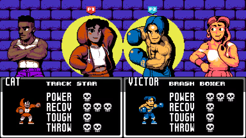 A screenshot from the video game UFO 50 features four characters and their stats, with Cat and Victor selected for a bout. Cat is a track star, and Victor is a brash boxer.