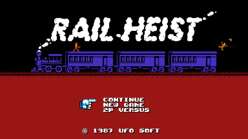 Title screen of the video game Rail Heist by UFO Soft, showing a pixelated train and game options: continue, new game, and 2P versus.