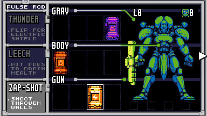 A screenshot from the video game UFO 50 showing a character customization screen with options for ‘Grav’, ‘Body’, and ‘Gun’. Different power-up modules can be selected for various abilities.