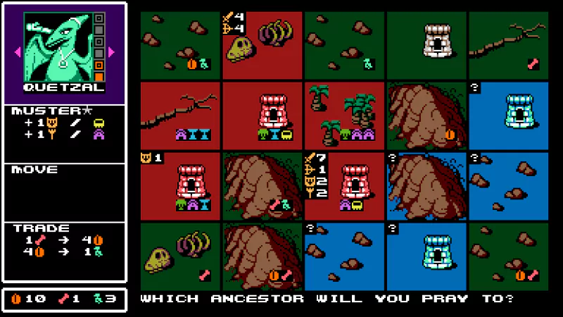 An in-game screenshot from the video game UFO 50, displaying a strategy grid with colorful landscapes, various icons, and a character named Quetzal. The text at the bottom reads, Which ancestor will you pray to?