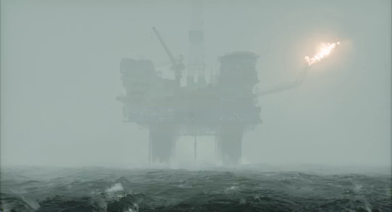 A misty and ominous offshore oil rig, featured in the video game Still Wakes the Deep, looms over turbulent waters with a flare burning at its side.