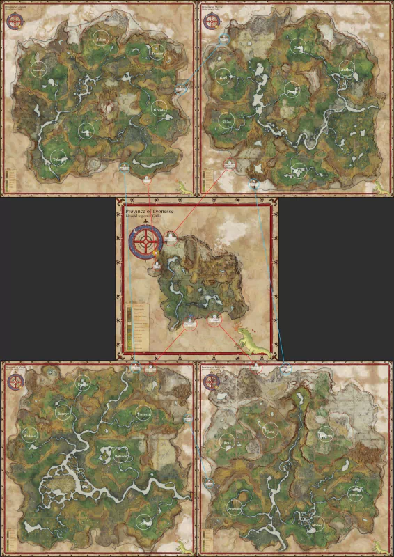 An illustrated map from the video game Pax Dei, featuring five interconnected regions with detailed topography and terrain.