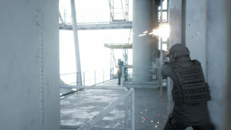 A bodycam perspective from a video game shows two armed figures in a tense standoff amidst an industrial setting, with one figure firing at the other.