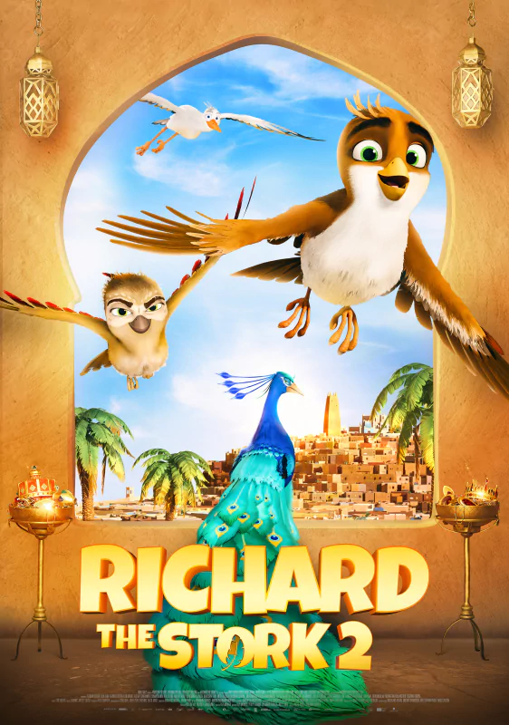 Poster for the movie A Stork's Journey 2, featuring animated characters including a stork, an owl, and a peacock against a backdrop of a desert cityscape with palm trees and decorative arches.