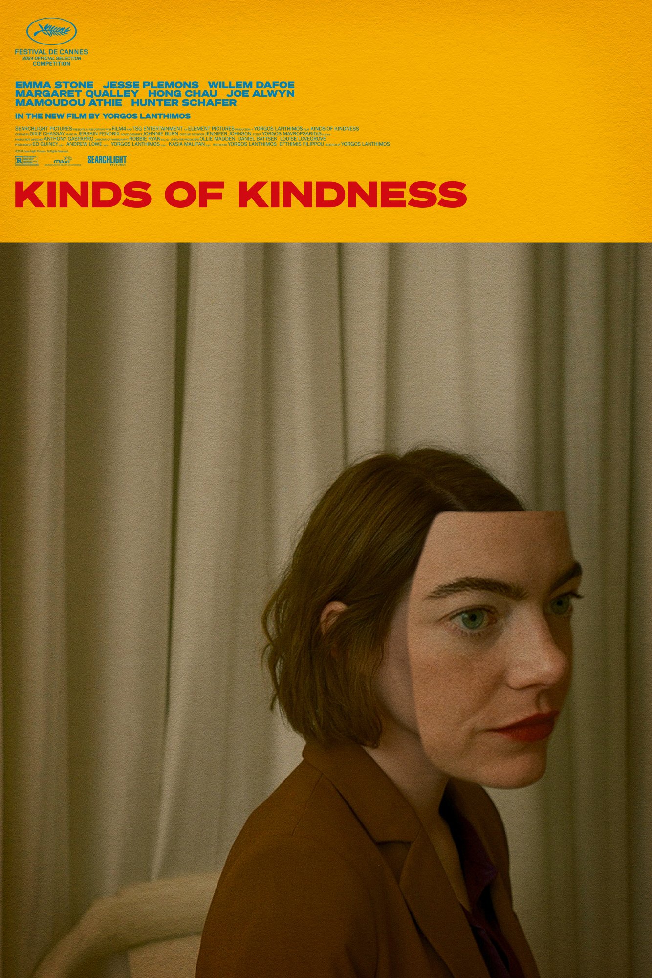 The movie poster for Kinds of Kindness features a woman with a distinct, surreal style against a curtain backdrop and a bold yellow banner at the top.