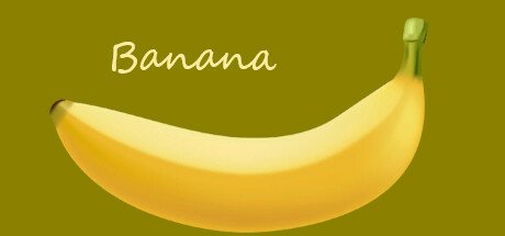 An image from the video game Banana, featuring a detailed illustration of a single yellow banana against a green background with the word Banana written above it.